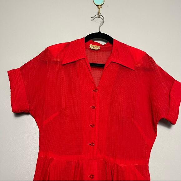 Vintage 1940s Gail Whitney Button Up Midi Dress Sheer Textured Cherry Red - Picture 3 of 10